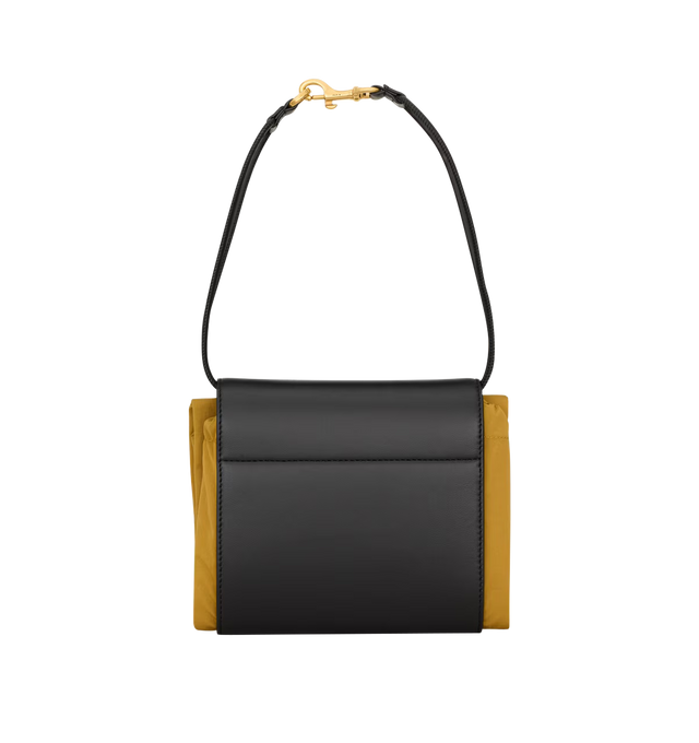 Image 3 of 5 - YELLOW - SAINT LAURENT Foulard Folding Pouch in nylon and leather featuring modular supple pouch with a drawstring carabiner shoulder strap, logo embossed flap with front pocket, viscose lining, bronze-tone hardware, snap-button and drawstring closures, one card slot and one flat pocket at the front. 16.5" x 18.9" x 0.2". Nylon, canvas, calfskin, cotton. Made in Italy. 