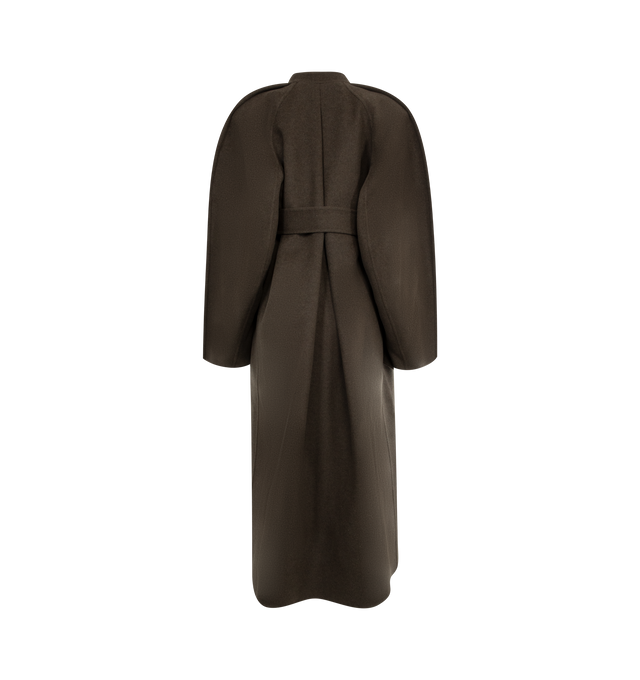 Image 2 of 5 - BROWN - Khaite Rothen Coat has a wrap front silhouette with raglan sleeves, an inverted back pleat, and a sash belt. 100% wool.  