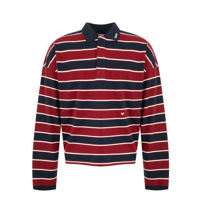 Image 1 of 2 - MULTI - Rhude Men's Fontaine Striped Long Sleeve Polo Shirt is crafted from premium knit fabric and features a relaxed silhouette with a classic polo collar, long sleeves, striped detailing, and a buttoned placket for a refined sportswear-inspired look. This designer long sleeve polo combines vintage athletic influences with Rhude's signature luxury streetwear aesthetic, creating a versatile statement piece for elevated everyday styling. Main Material: 100% Cotton Knit. 