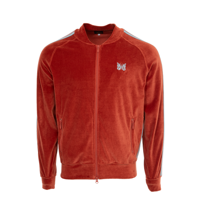 Image 1 of 3 - RED - NEEDLES RC Track Jacket featuring cotton-blend velour, rib knit stand collar, hem, and cuffs, two-way zip closure, logo embroidered at chest, zip pockets, striped trim at side seams and raglan sleeves and patch pockets at interior. 75% cotton, 25% polyester. Made in Japan. 