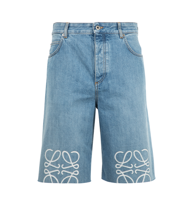Image 1 of 3 - BLUE - LOEWE Anagram Shorts in denim featuring Anagram cut-outs at the knees, regular fit, regular length, mid waist, concealed button fly, five pocket style, raw hem and LOEWE embossed leather patch placed at the back. Cotton. Made in Italy. 