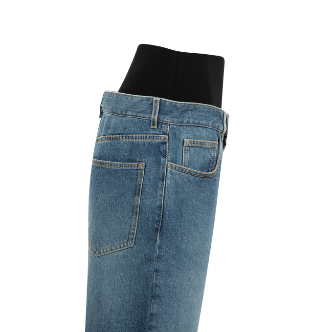 Image 3 of 3 - BLUE - Alaia Knit Band Shorts are a 5-pocket style with a button and zip fly fastening, a ribbed waistband, and wide legs. 99% cotton, 1% polyurethane.  