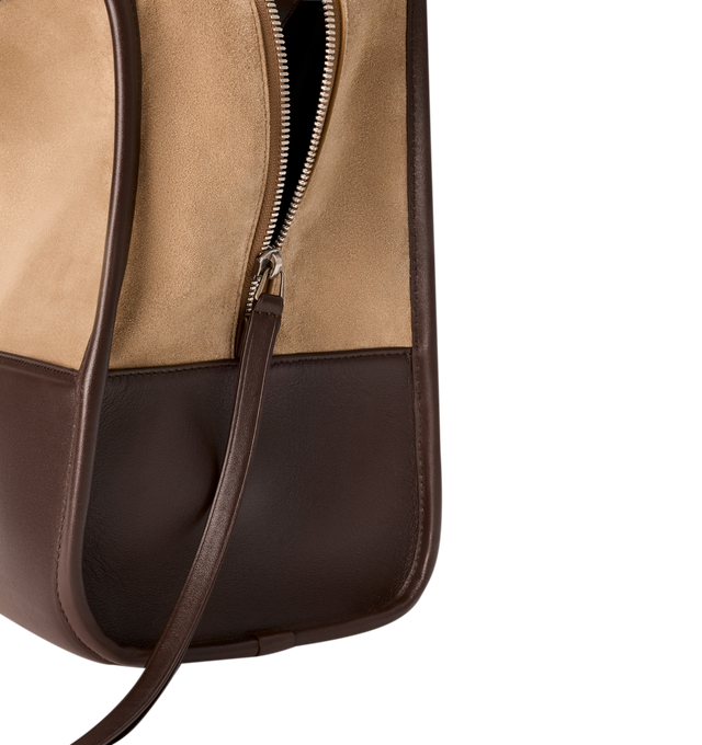 Image 12 of 16 - BROWN - Loewe Mens Amazona 180 XL Bag is crafted from suede with soft calfskin details. Features a relaxed silhouette, single toron top handle, removable shoulder handle, adjustable crossbody strap, zip closure with two leather pullers, two compartments with concealed magnetic closure, interior flat pocket, side D-ring, suede and nappa lambskin lining, palladium-tone hardware, and embossed LOEWE and Double L branding. Dimensions: 40  31  16 cm; Strap Length: 105133 cm; Strap Drop: 4761 cm;  