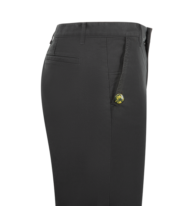 Image 3 of 4 - GREY - ENFANTS RICHES DEPRIMES Swiss Auto Dicky Pant featuring workwear-inspired trousers, made from hard-wearing cotton-drill with distressed, utilitarian detailing, patches, badges, frayed edges, a zip up fly front, straight-leg and mid rise. Cotton. Made in USA. 