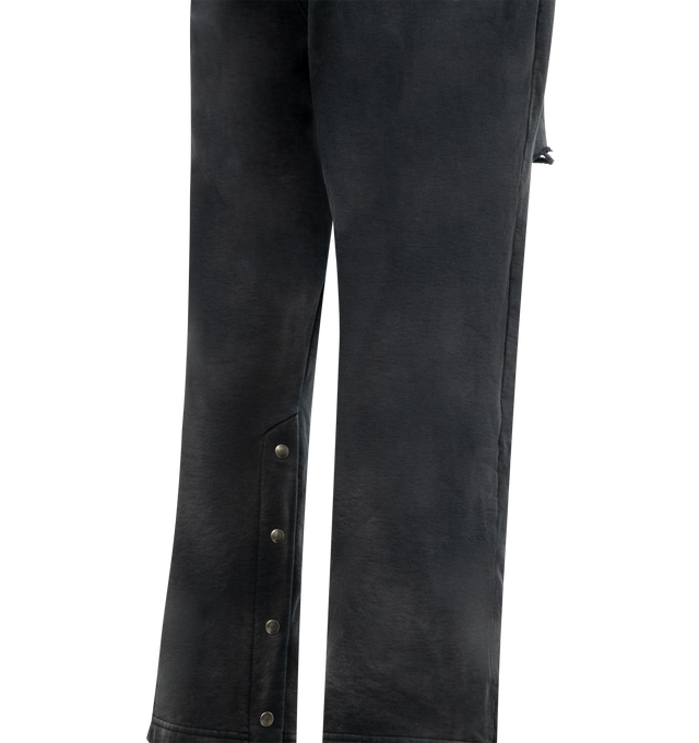 Image 4 of 4 - BLACK - SATOSHI NAKAMOTO Holy Ghost Layered Sweatpants featuring cotton fleece sweatpants, fading and distressing throughout, drawstring at elasticized waistband, three-pocket styling and two layers. 100% cotton. 