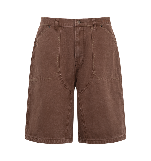 Image 1 of 3 - BROWN - Pleasures Men's Ultra Work Shorts are crafted from durable cotton canvas and feature a relaxed, baggy workwear-inspired silhouette. Designed with a zip fly, metal shank button closure, and reinforced metal rivets, the shorts are finished with contrast stitching at the front pockets and a woven logo patch at the back pocket. Main Material: 100% Cotton Canvas. 