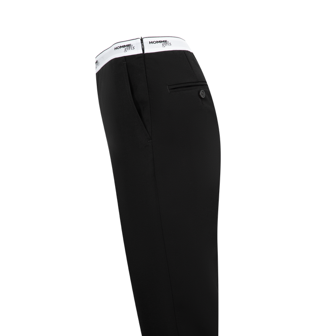 Image 3 of 3 - BLACK - HOMME GIRLS Classic Trousers featuring straight-leg, plain-woven stretch wool, logo-woven elasticized waistband, four-pocket styling, button fly, creased legs, zip closure at outseam and unlined. 98% wool, 2% elastane. Made in Italy. 