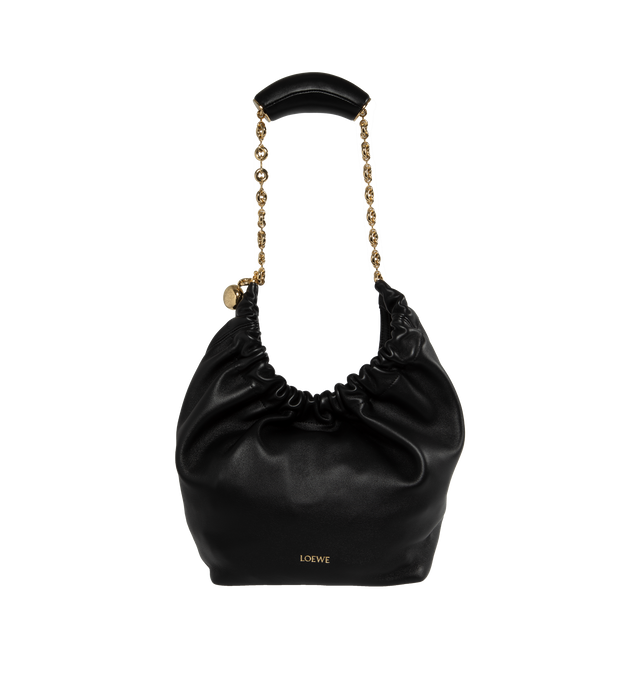 Image 1 of 4 - BLACK - LOEWE Squeeze Small Bag featuring shoulder, crossbody or hand carry, adjustable chain strap with Anagram engraved pebble and additional chain to extend the strap further, magnetic closure, internal zipped pocket, unlined and LOEWE embossed logo. 9.4 x 11.4 x 4.1 inches. Mellow nappa lambskin. Made in Spain. 