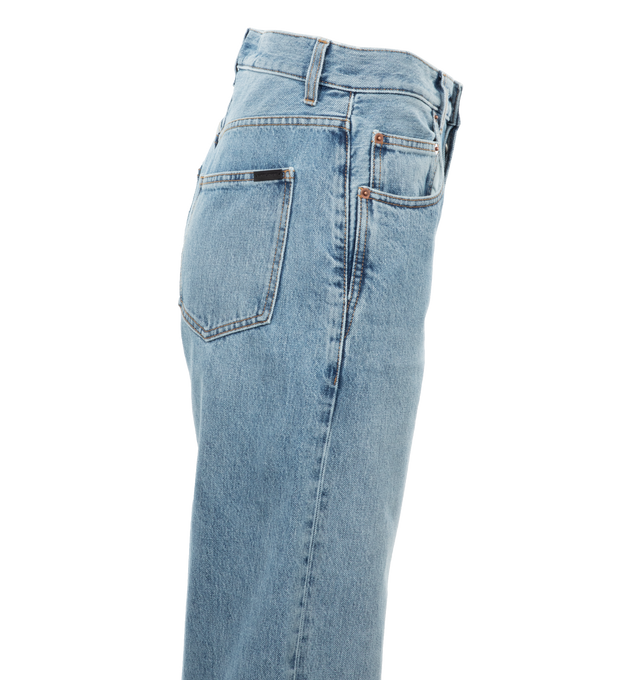 Image 2 of 3 - BLUE - SAINT LAURENT Long Baggy Jeans featuring high waist, five pocket style, baggy fit, long, wide leg and button fly. 100% cotton. Made in Italy. 