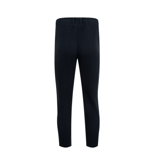 Image 2 of 3 - NAVY - Issey Miyake Basic Pants have an elastic east with a mock fly, belt loops, side pockets, and signature pleated fabric. 100% polyester.  