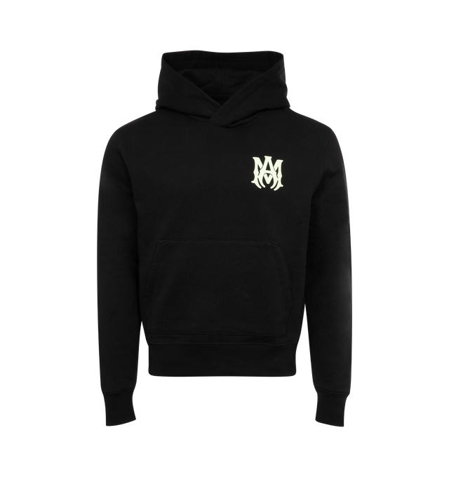 Image 1 of 2 - BLACK - AMIRI MA Logo Hoodie featuring logo at chest and back, drawstring hood, pouch pocket, long sleeves, banded cuffs and waist and pullover style. 100% cotton. Made in Italy.