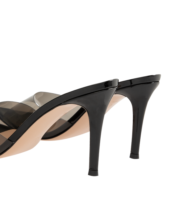 Image 3 of 4 - BLACK - GIANVITO ROSSI Elle 85 Heeled Sandals featuring open pointed toe, vinyl strap at vamp, logo printed at footbed, stiletto heel with rubber injection and polished leather sole. Heel: H3.25". Upper: thermoplastic polyurethane, leather. Sole: leather, rubber. Made in Italy. 