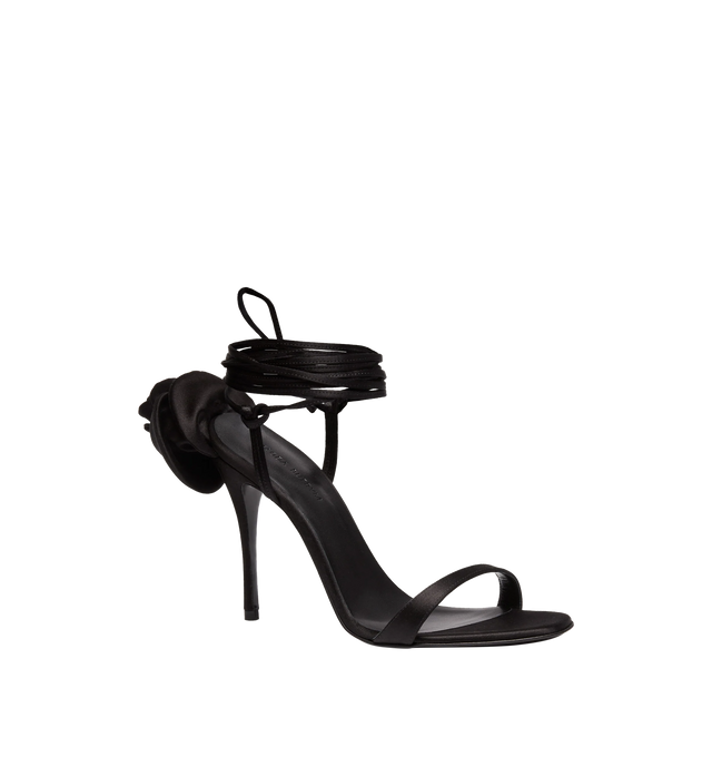 Image 3 of 4 - BLACK - MAGDA BUTRYM Flower Satin Sandals featuring satin upper, wraparound self-tie ankle laces and flower appliqu at heel and toe. 105MM heel. 100% silk. Leather sole. Made in Italy. 