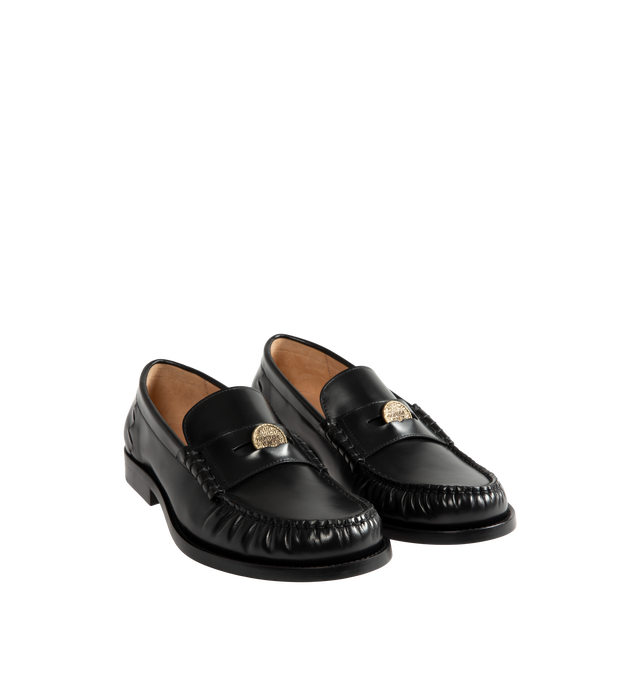Image 2 of 4 - BLACK - Bottega Veneta Men's Penny Loafers are crafted from shiny leather and feature a timeless slip-on silhouette with a classic penny strap with metal coin detail across the vamp. Main Material: Leather. 