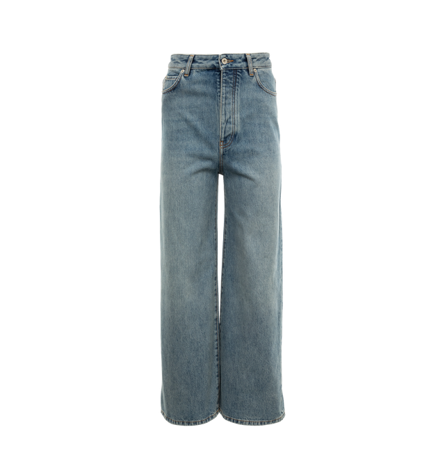 Image 1 of 3 - BLUE - LOEWE High Waisted Jeans crafted in medium-weight cotton denim in a regular fit, long length, high waist, slouchy leg, concealed button fastening, five pocket style with LOEWE embossed leather patch placed at the back. 100% cotton. 