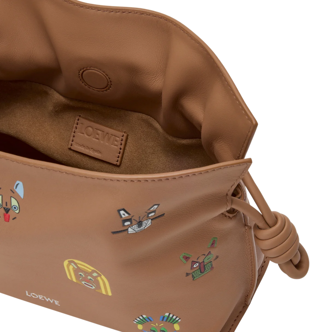 Image 4 of 4 - BROWN - LOEWE Cats Mini Flamenco Clutch in nappa calfskin featuring a cinched closure and historical knot drawstrings, allover 3D-effect cat prints, shoulder, crossbody or hand carry, detachable and adjustable strap, magnetic closure, suede lining and embossed LOEWE. Nappa calf. 18 cm x 23.9 cm x 9 cm. Made in Spain. 