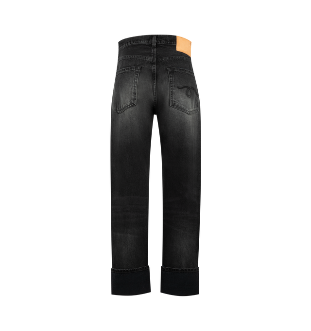 Image 2 of 3 - BLACK - R13 Womens Boyfriend Jeans are crafted from mid-weight Japanese rigid denim. Feature a straight-leg boyfriend fit, black washed finish, distressed abrasions, destroyed hem, and classic five-pocket construction. Main Material: 100% Cotton. Made in Italy. 