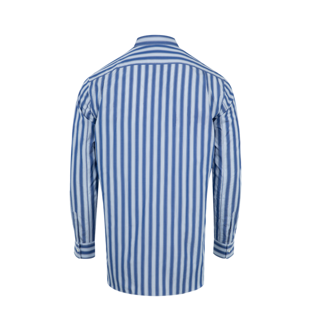 Image 2 of 2 - BLUE - Comme des Garons Paneled Shirt has a spread collar, button closure, shirttail hem, pleats at the back yoke, chest patch pocket, and a layered design. 100% cotton. Made in Japan.  