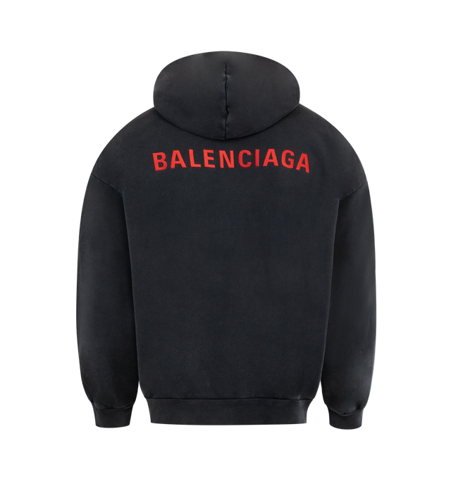 Image 2 of 2 - BLACK - BALENCIAGA Balenciaga Back Hoodie Medium Fit featuring dry fleece, hood without drawstring, dropped shoulders, 1 kangaroo pocket on front, gathered at cuffs and waistline and Balenciaga back artwork embroidered at front and back.  100% cotton. Made in Portugal. 