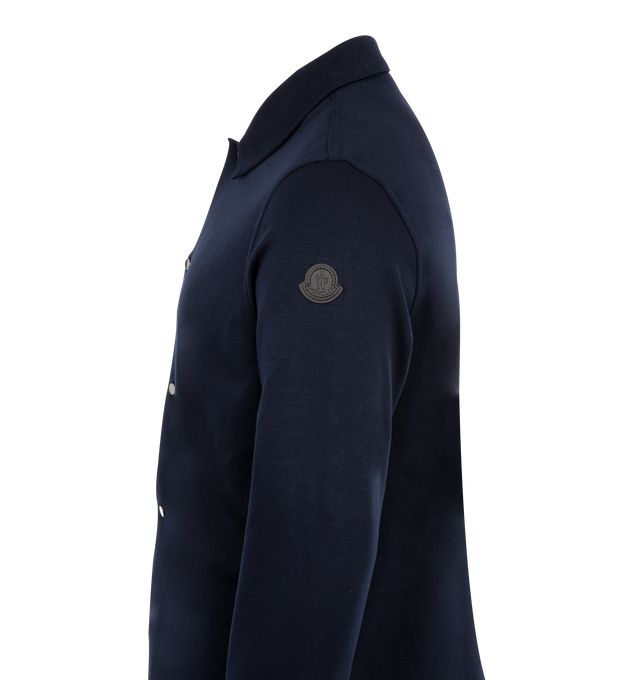 Image 3 of 3 - NAVY - Moncler Wool Blend Shirt (Mens) has a classic collar, long sleeves, a snap button closure, and a loose fit. Lined. 72% polyester, 28% wool. Made in Turkey.  