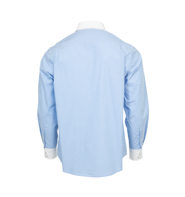 Image 2 of 3 - BLUE - BODE Striped Poplin Shirt featuring pinstriped poplin, contrasting white collar and cuffs, long sleeves and button front closure. 100% cotton. Made in India. 