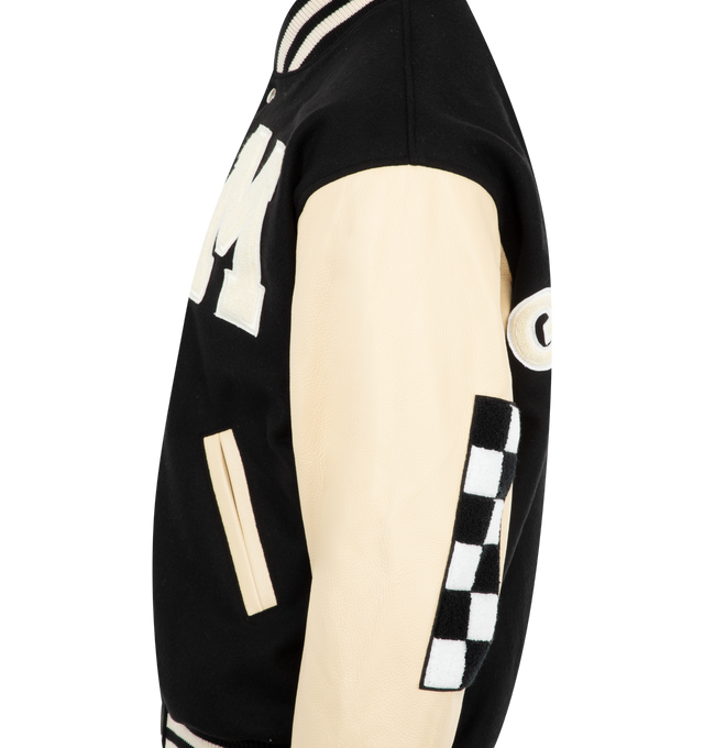 Image 3 of 3 - BLACK - Mr. Saturday Big M Varsity Jacket has a snap front closure, side pockets, and ribbed collar, cuffs, and waistband.  