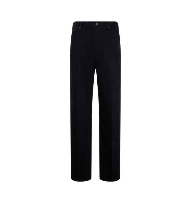 Image 1 of 3 - BLUE - Bottega Veneta Men's Trousers are crafted from dark indigo denim and feature a high-rise waist, a wide-leg silhouette, and an embossed Intrecciato leather patch at the back. Designed with a clean five-pocket-inspired construction and button closure, these jeans combine relaxed proportions with signature house detailing. Main Material: Cotton. 