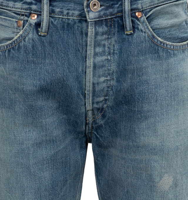 Image 4 of 4 - BLUE - CHIMALA Selvedge Denim Used Ankle Cut featuring ankle cut, front button closure, belt loops, front pockets and back patch pockets. 100% cotton. 