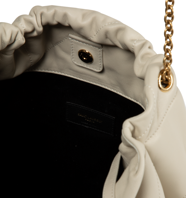 Image 3 of 3 - WHITE - SAINT LAURENT Jamie 4.3 Pochon Bag featuring drawstring chain, removable zip pouch, magnetic closure and cotton lining. 15" X 13" X 0.8". Lambskin. Made in Italy.  