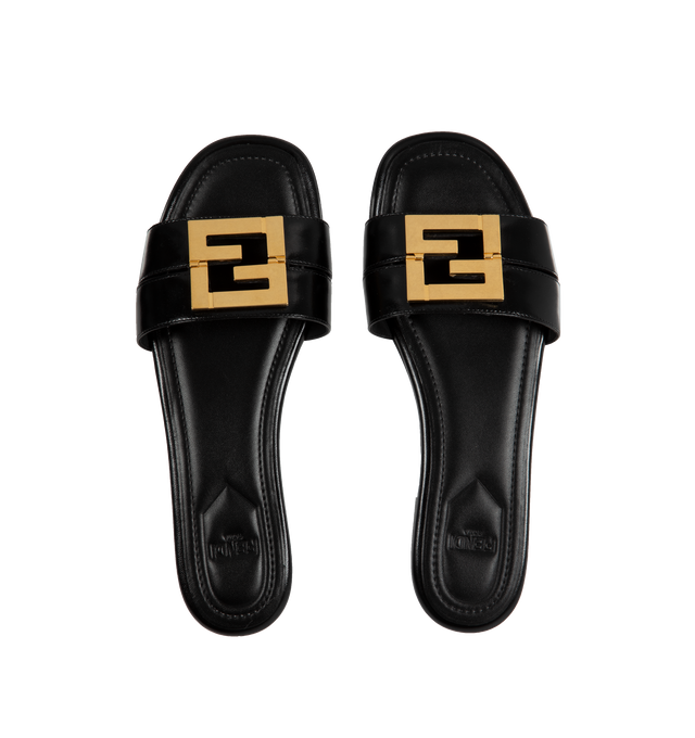 Image 4 of 4 - BLACK - FENDI FFold Slide featuring square toes, two wrap-around bands and a metallic FF motif. 5MM. 100% calf leather. Interior: 100% lamb leather. Made in Italy. 