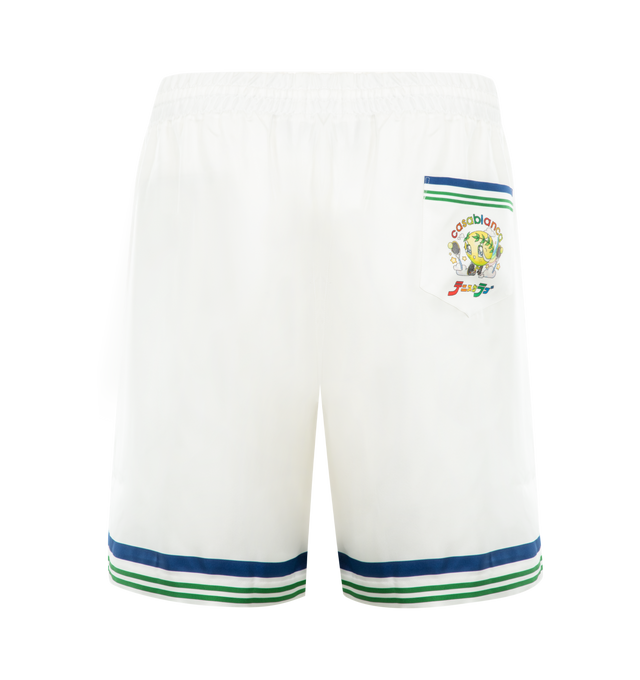 Image 2 of 3 - WHITE - CASABLANCA Drawstring Silk Track Shorts featuring drawstring fastening, graphic print, striped hemline and back patch pocket. 100% silk. Made in Italy. 