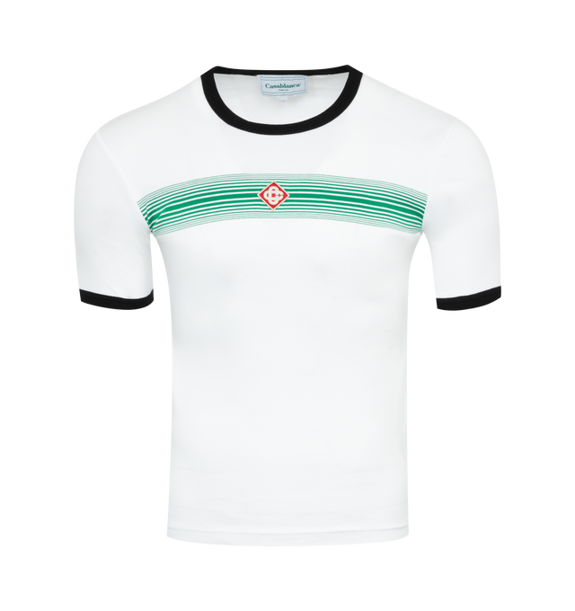 Image 1 of 2 - WHITE - CASABLANCA Gradient Ringer T-Shirt featuring organic cotton, rib knit crewneck and cuffs, embroidered logo patch at chest and stripes printed at front. 100% cotton. Trim: 95% rayon, 5% polyester. Made in Portugal. 