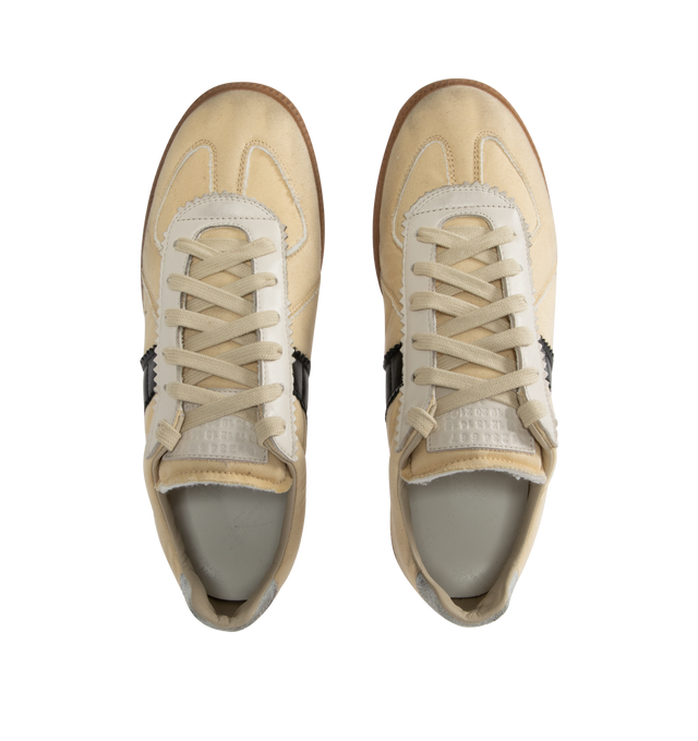 Image 5 of 5 - MULTI - Maison Margiela Replica lace-up sneakers with a distressed textile upper, leather contrast stripe and heel panel, contrasting gum rubber sole. Upper: 54% Polyester, 46% Cotton with 100% calf leather contrast. Sole: 100% rubber. Made in Italy. 