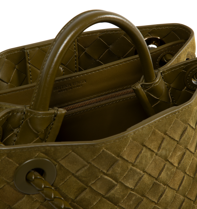 Image 4 of 4 - GREEN - Bottega Veneta Andiamo Bag has a magnetic closure, a sliding cross-body strap, an interior zip pocket, 2 interior open pockets, and brass-finished hardware. Made in Italy.  