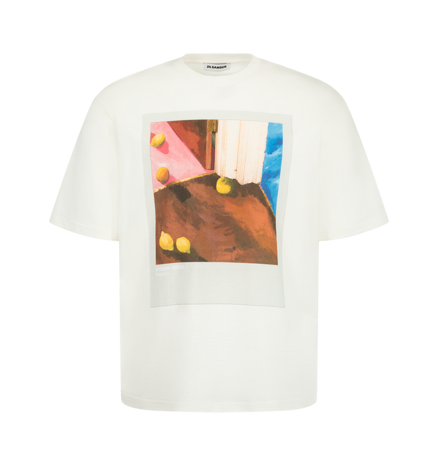 Image 1 of 2 - WHITE - Jil Sander Men's Graphic Print T-Shirt featuring oversized fit, dropped shoulders, short sleeves, crew neck, and an art print on the front. 100% cotton. Made in italy. 