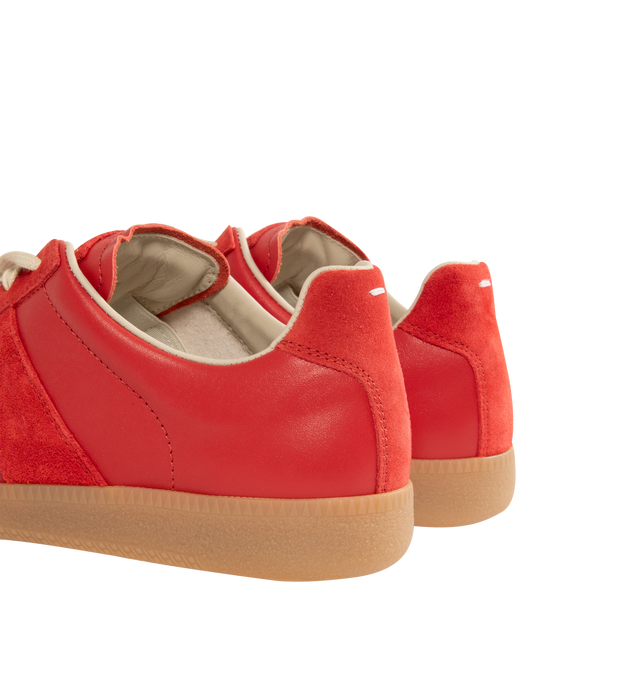 Image 3 of 5 - RED - Maison Margiela Replica Sneakers featuring lace-up sneakers in buffed nappa calfskin and calfskin suede, contrasting sole, Maison Margiela logo label on the tab, internal Replica label, internal elastic and all-over Maison Margiela logo insole. 100% calf leather. Sole: 100% rubber. Made in Italy. 