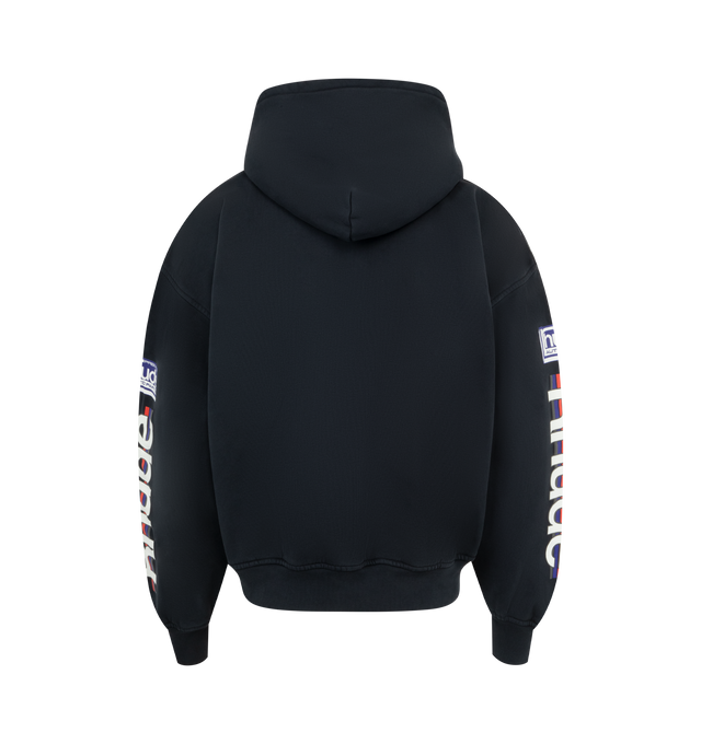 Image 2 of 2 - BLACK - RHUDE Petrol Patch Hoodie featuring cotton fleece, logo, graphics, and text printed at front, kangaroo pocket, rib-knit hem and cuffs and dropped shoulders. 100% cotton. Made in United States. 