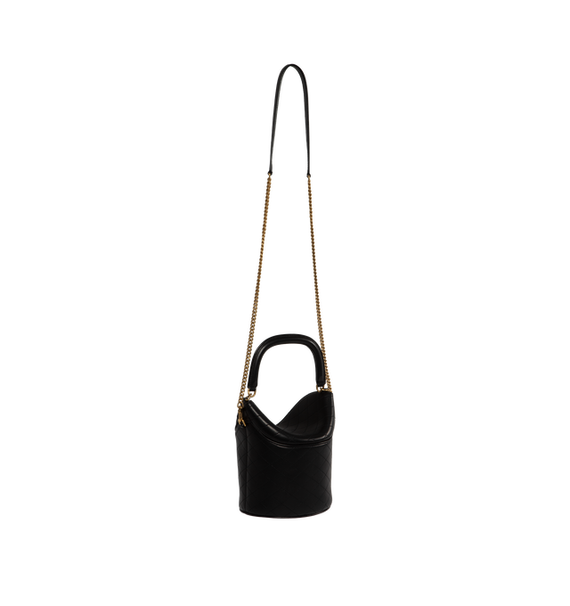 Image 2 of 3 - BLACK - Saint Laurent Bucket bag with flap top with magnetic closure, decorated with Cassandre and diamond-quilted overstitching. Features a rotating leather top handle and detachable leather and chain strap designed for shoulder or cross-body carry. Lambskin leather with bronze-tone hardware. Measures 7.5" X 6.7" X 5.9" with strap drop 22.8". Made in Italy.  