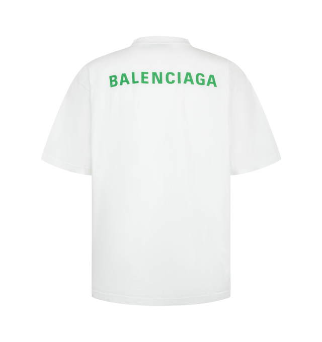Image 2 of 2 - WHITE - Balenciaga Men's Medium Fit T-Shirt is crafted from dry cotton jersey and features a crewneck, short sleeves, and Balenciaga Back artwork embroidered at the front and back. Main Material: 100% Cotton. Trimming: 99% Cotton, 1% Elastane. Embroidery: 100% Polyester. Made in Portugal. 