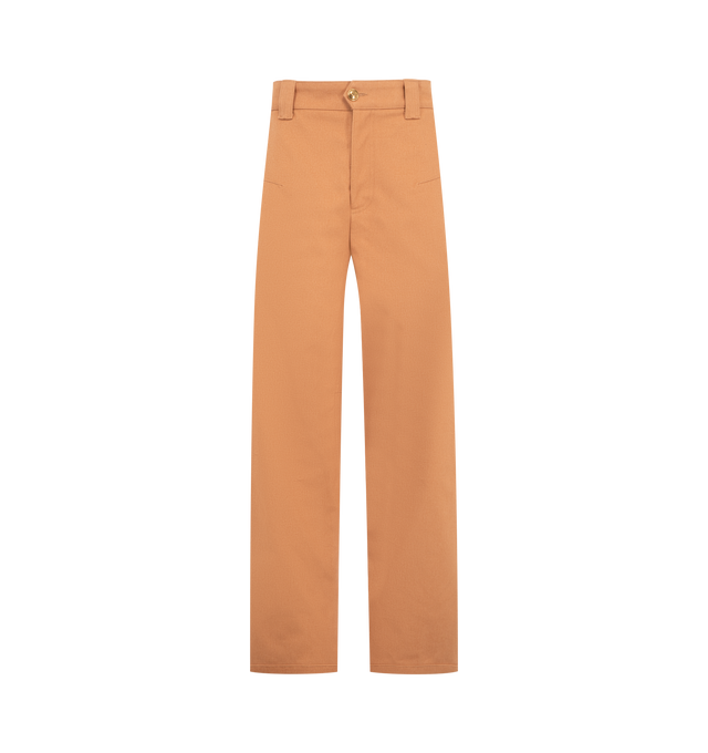 Image 1 of 3 - ORANGE - Chlo Womens Barrel Pants are crafted from organic cotton canvas. Feature a relaxed wide-leg barrel silhouette, front zip closure with Horse Medal button, water buffalo horn back button, belt loops, side pockets, and back pockets. Main Material: 100% Organic Cotton; Pocket Lining: 100% Cotton; Back Button: 100% Water Buffalo Horn. Made in Italy. 