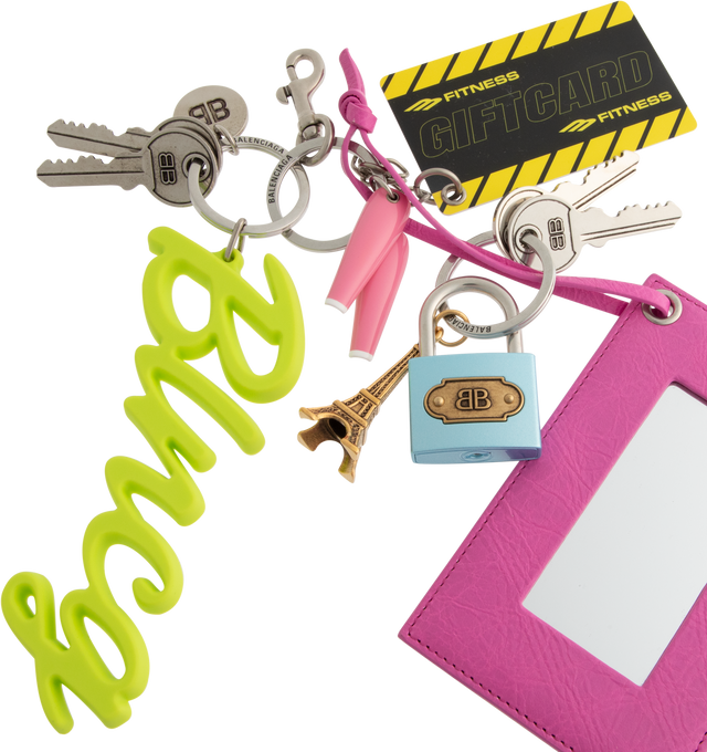 Image 3 of 3 - PINK - BALENCIAGA Charm/keychain Subway Mirror featuring 1 snapped hook, 1 removable mirror, aged-silver hardware, BB and Balenciaga logos engraved, can be attached to the bag or be used as a keychain. L4.7 x H13.7 x W0.79 inch. Arena Storico lambskin, brass, silicone, plastic, zamak. Made in Italy. 