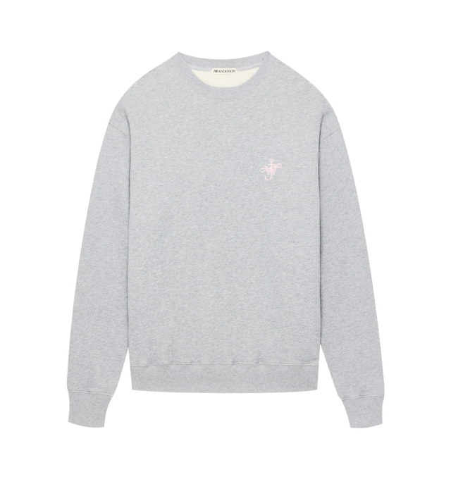 Image 1 of 1 - GREY - JW Anderson Men's Ribbon anchor sweatshirt in mid grey melange jersey. Featured in relaxed drop shoulder silhouette, with a crew neck and ribbed neck and cuffs. Finished with anchor ribbon embroidery detail. 100% Cotton. Made in Portugal. 