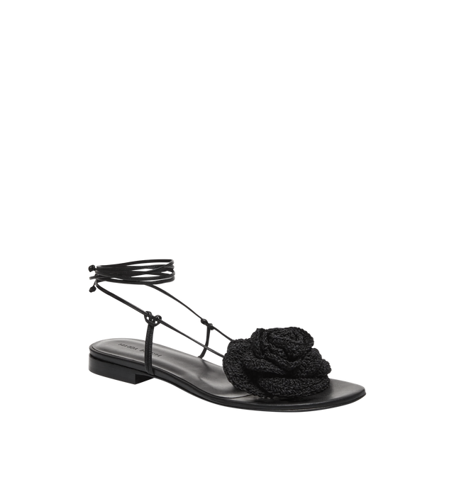 Image 2 of 3 - BLACK - Magda Butrym signature flower shoe reimagined as a simple flat sandal, with strappy detailing and long wrap tie ankle straps. The crochet flower brooch is handmade by artisans. Upper: Lamb Leather 100%. Insole, Sole: Calf Leather 100%. Flower: 75% Cotton 25%. 