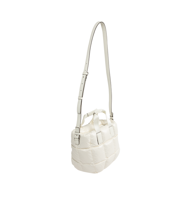 Image 2 of 3 - WHITE - MONCLER Caradoc Mini Tote Bag featuring nylon drill lining, down-filled, ribbon handles with leather grip, adjustable and detachable leather shoulder strap, zipper closure and metal logo. L 30 cm x H 20 cm x D 13 cm. 100% polyamide/nylon. Lining: 95% cotton, 5% acrylic. Padding: 90% down, 10% feather. Made in Italy, 