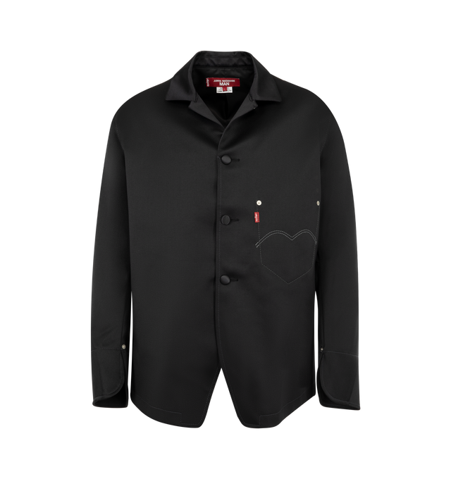 Image 1 of 3 - BLACK - Junya Watanabe Men's Tailored Jacket is crafted from wool serge and features formal tuxedo-inspired construction details, including lustrous satin-faced lapels and covered buttons. A signature patch pocket at the left chest reinterprets Levi's iconic back pocket with arcuate stitching, a red tab, and rivet detailing, blending elements of formalwear and workwear in a distinctly Junya Watanabe Man design. Main Material: 100% Wool. Contrast: 64% Cupro, 36% Silk.  