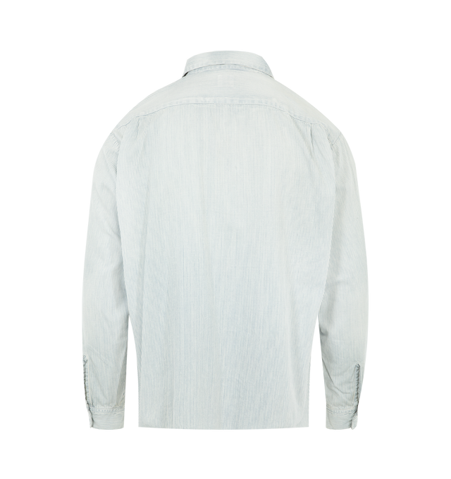 Image 2 of 2 - BLUE - SAINT MICHAEL Hickory Stripe Shirt featuring quarter zip with collar, two chest pockets with button flap, long sleeves with button cuffs and stripes throughout. 100% cotton.  