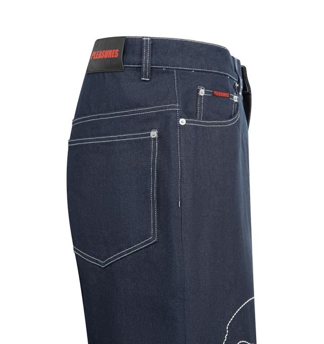 Image 3 of 3 - NAVY - PLEASURES x Zero Skateboards Skull Jorts featuring zip fly and button closure, 4-pocket styling, embroidered trim and midweight denim. 100% cotton. 