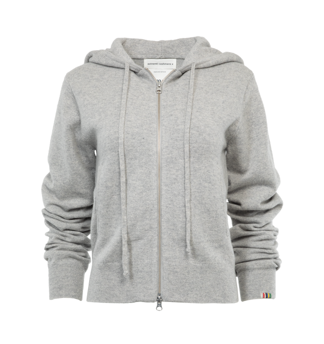 GREY - EXTREME CASHMERE Hood Zip Sweater featuring knitted construction, drawstring hood, long sleeves, ribbed cuffs and hem, signature embroidered-detail to the cuff, two side welt pockets and front two-way zip fastening.