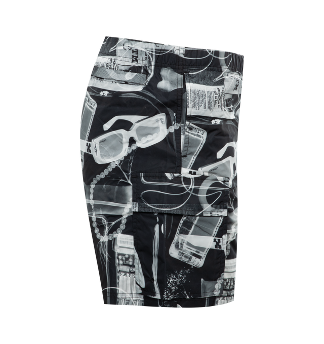 Image 3 of 3 - BLACK - OFF-WHITE X-Ray Cargo Sweatshorts featuring x-ray illustrations print, elasticated waistband, two side slit pockets, rear welt pocket, partial lining and pull-on style. 100% polyamide. 