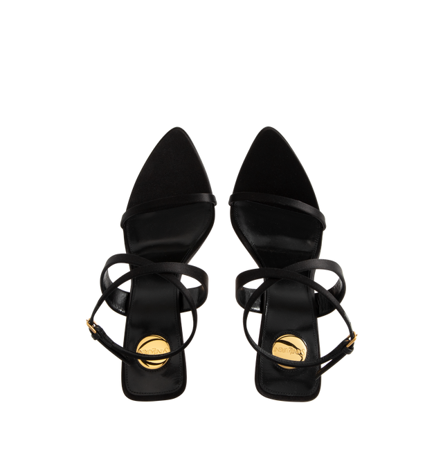 Image 4 of 4 - BLACK - Saint Laurent Women's Wedge Sandals with a leather upper, sole, footbed and lining featuring ankle buckle closure, pointed toe, and 4.3 inch wedge heel. Made in Italy. 